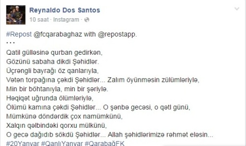 Reynaldo şəhidlərimizi unutmadı - FOTO