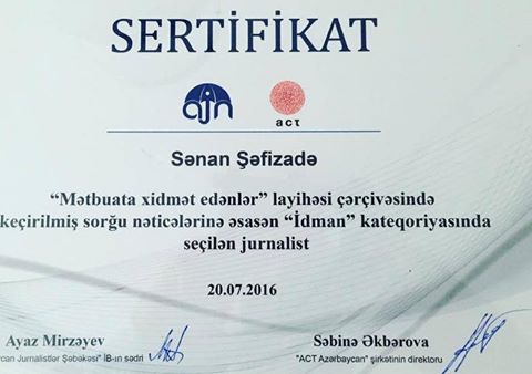 Sənan Şəfizadə “Mətbuata xidmət edənlər” layihəsində fərqləndi