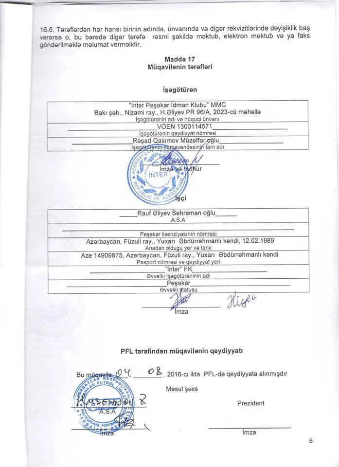 Rauf "İnter"lə müqaviləsinin surətini yaydı - FOTOLAR 