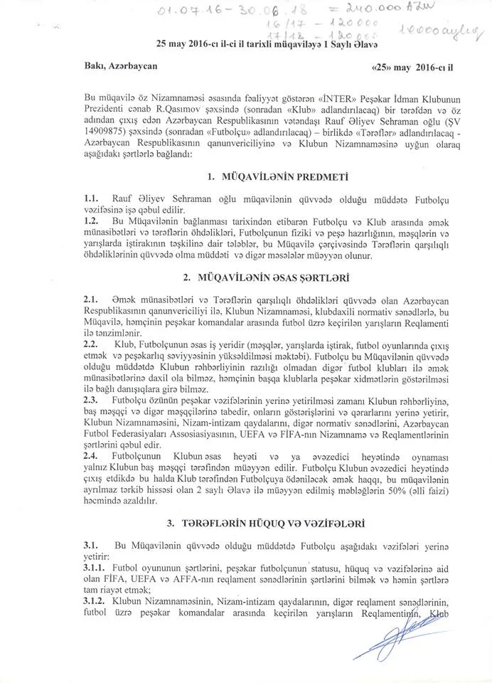 "İnter"dən etiraf: Rauf Əliyevin iki müqaviləsi var 