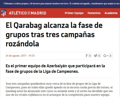 "Atetiko" "Qarabağ"dan yazdı