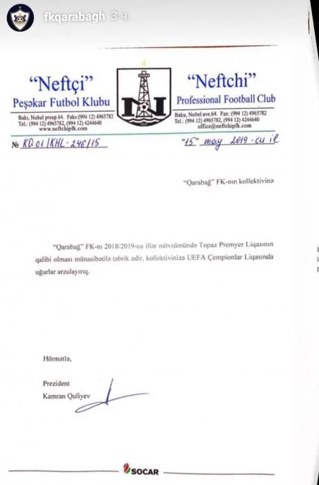 "Neftçi" "Qarabağ"ı təbrik etdi - FOTO 