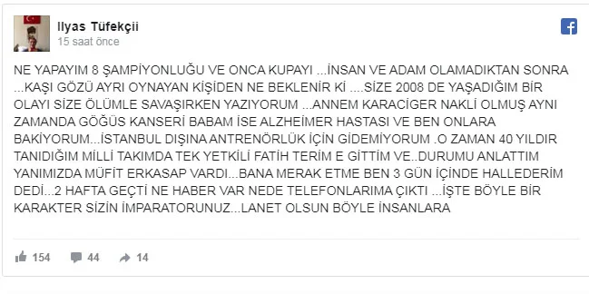 Ulduz futblçudan Fatih Terimə sərt sözlər: “Bunu ölüm ayağında yazıram...” 