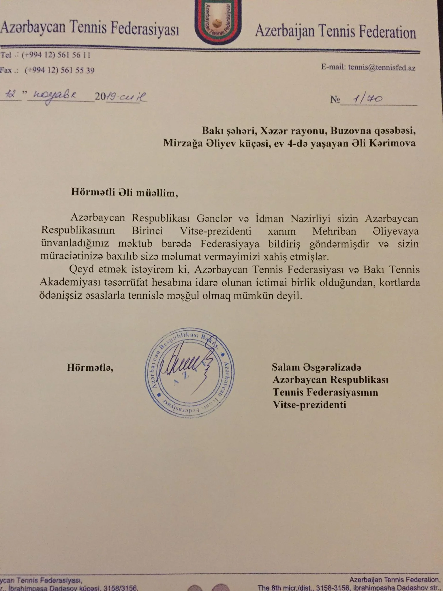Bakı Tennis Akademiyasında bazar: 9 yaşlı idmançımız ölkəni tərk etdi (VİDEO) 