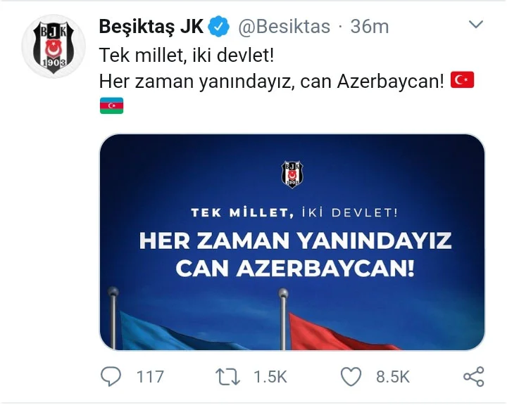 "Beşiktaş"dan Azərbaycana dəstək: "Hər zaman yanındayıq, can Azərbaycan" 