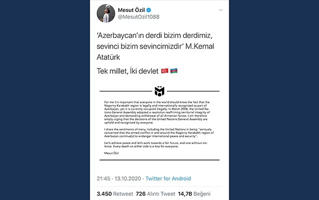 Mesut Özildən ölkəmizə dəstək: "Azərbaycanın dərdi bizim dərdimiz..." - FOTO 