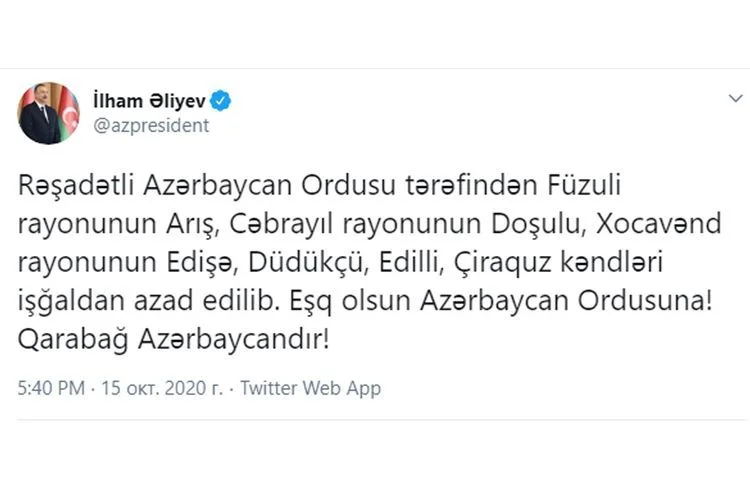 Prezident açıqladı: 3 rayonun 6 kəndə azad edildi 