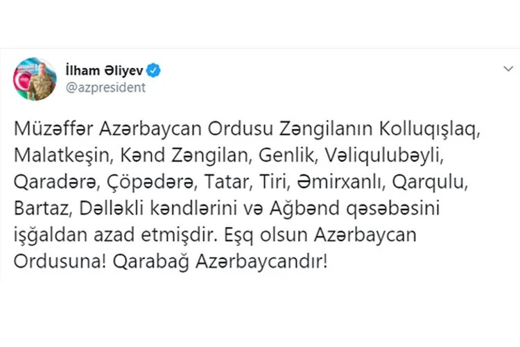 Prezident açıqladı: 1 qəsəbə və 20 kənd azad olundu 