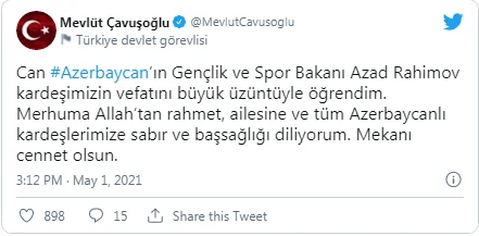 Çavuşoğlundan Azad Rəhimovun vəfatı ilə bağlı paylaşım 