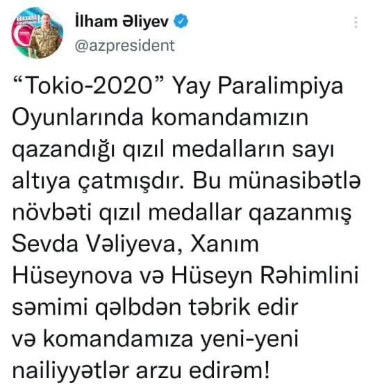 Prezidentdən paralimpiyaçılarımızla bağlı növbəti təbrik 