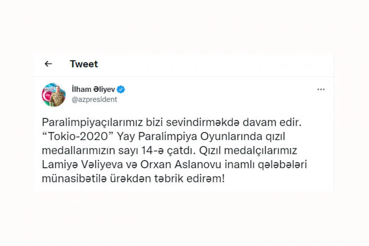 Prezident qızıl medallar qazanan paralimpiyaçılarımızı təbrik etdi 