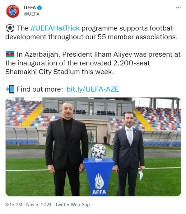 UEFA İlham Əliyevin Şamaxı şəhər stadionunun açılışında iştirakından yazdı 