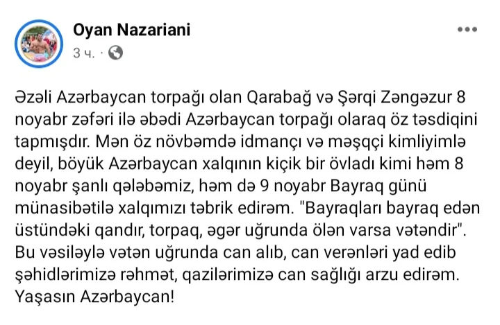 “Böyük Azərbaycan xalqının kiçik bir övladı kimi Zəfər bayramını təbrik edirəm” - Güneyli güləşçi - FOTO  