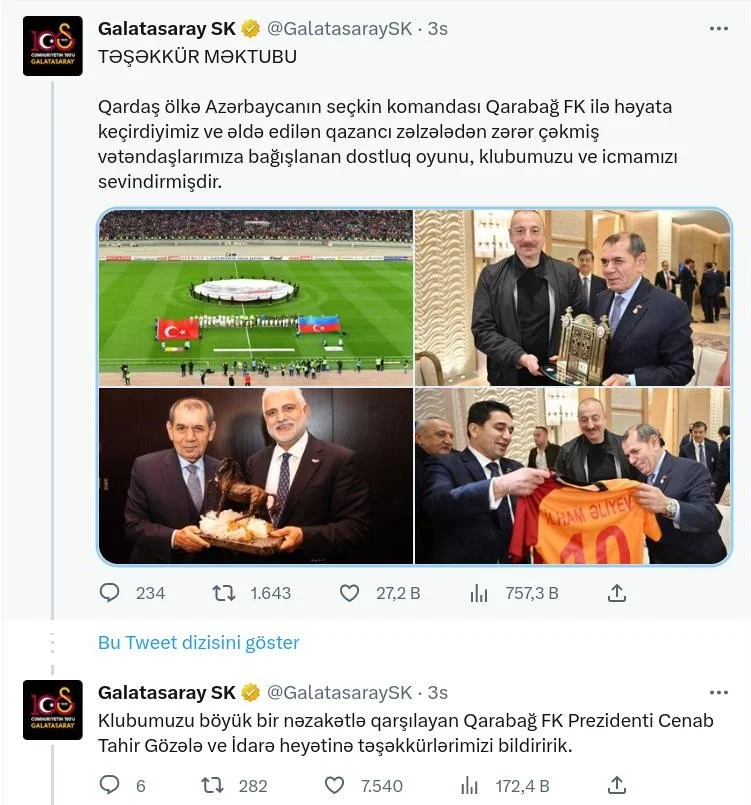 “Qalatasaray”dan Azərbaycana təşəkkür - FOTO 