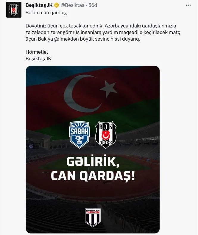 “Beşiktaş” “Sabah”ın mesajına belə cavab verdi - FOTO 