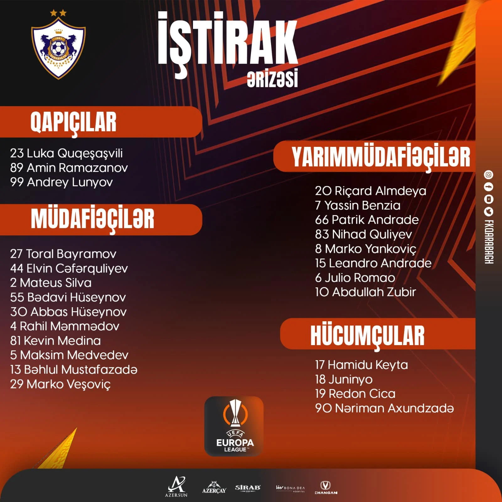 "Qarabağ" qrup oyunları üçün yekun iştirak ərizəsini açıqladı 