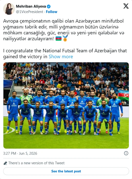 Mehriban Əliyeva minifutbol üzrə Azərbaycan yığmasını təbrik etdi 