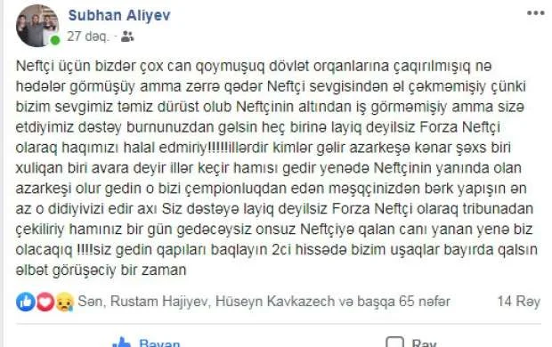 "Neftçi" rəhbərliyi daha bir fan-klubu stadiondan didərgin saldı 