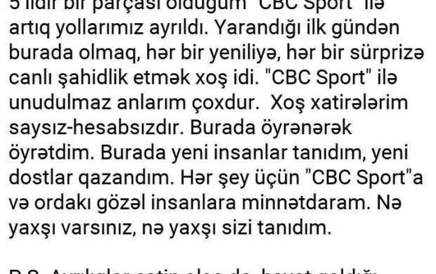Tanınmış şərhçi "CBC Sport"dan ayrıldı 