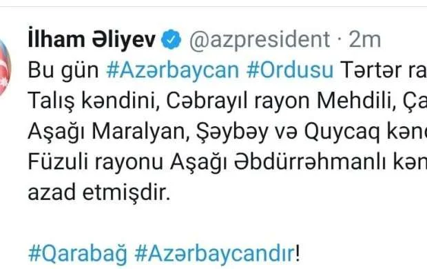 Tərtər, Cəbrayıl və Füzulinin bu kəndləri işğaldan azad olundu - Prezident açıqladı 
