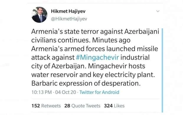 Hikmət Hacıyev: "Ermənistan Mingəçevir şəhərinə raket atıb" 