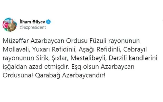 Prezident açıqladı: 1 qəsəbə və 20 kənd azad olundu 