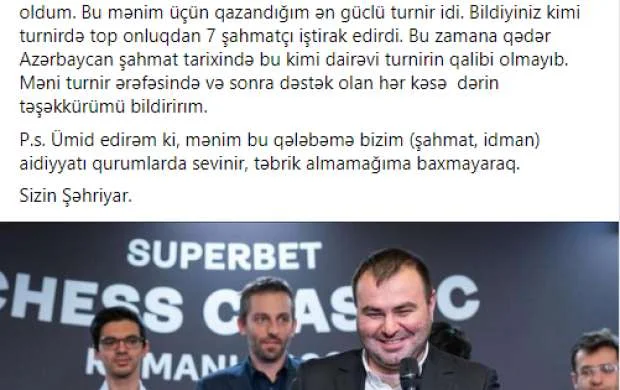 Şəhriyar Məmmədyarov Şahmat Federasiyası və AGİN-i qınadı 