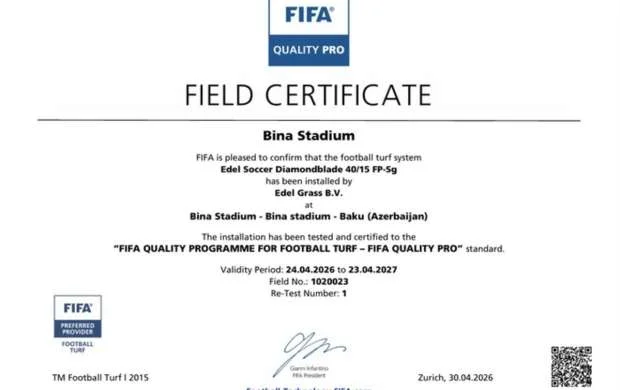 Binə stadionunun süni ot örtüyü FIFA sertifikatına layiq görüldü 